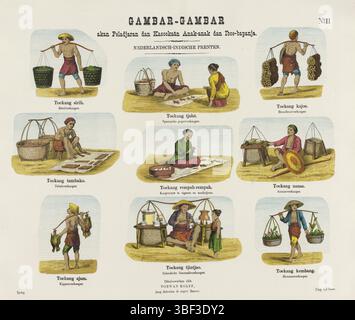Nederland, Rappard, Jonkheer Josias Cornelis, Arnhem, Thieme, Gerrit Jan, Leiden, Kolff, Gualtherus, Drucke für Jung und Alt, Nederlandsch-indische Drucke, Gambar-Gambar, Akan Peladjaran und Kasoekaän Anak-anak Dan Iboe-bepanja., Straatsellers, Niederlande, verso - gestempelt, Blatt mit 9 Aufführungen indischer Straßenverkäufer, darunter ein Brennholzverkäufer und ein Tabakverkäufer. Unter jedem Bild eine Bildunterschrift in Malaiisch und Niederländisch. Nummeriert oben rechts: Nr. 11., Druck, Folk Prints, Drucke, Höhe 376 mm, Breite 460 mm, Publikation (Ereignis), Publikation, Niederländisch, 1826 - 1881, veröffentlichen Stockfoto