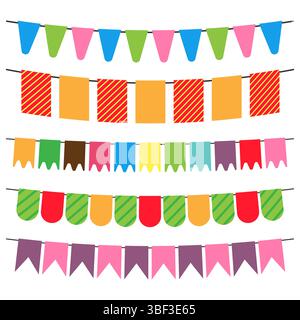 Farbenfrohe Fahnen und bunte Girlanden zur Dekoration. Dekoelemente mit verschiedenen Mustern. Vektorabbildung Stock Vektor