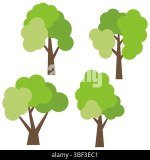 Set aus vier verschiedenen grünen Zeichentrickbäumen, isoliert auf weißem Hintergrund. Vektorabbildung Stock Vektor