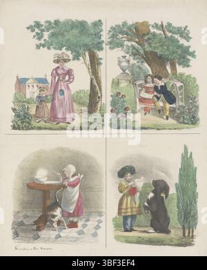 Nederland, Rotterdam, Thompson, Gebroeders, Kindertaferelen, Niederlande, rückseitig - gestempelt, Blatt mit 4 Aufführungen über das Leben von Kindern, darunter eine Mutter und Tochter, die gehen, zwei Kinder, die auf einer Bank lesen, ein Mädchen mit einer Katze und ein Junge mit einem Hund., Druck, volkstümliche Drucke, Drucke, Höhe 415 mm, Breite 333 mm, Publikation (Ereignis), Publikation, Nederlands, Verlag, 1825 - 1829, Papier, Lithografie (technisch), Handfarben, Druckmaschine, Drucker Stockfoto