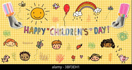 Niedliches Poster oder eine niedliche Karte mit Buntband mit handgeschriebenem Text zum Happy Children's Day, Collage mit Kinderstickfiguren und kindlichen Zeichnungen Stock Vektor