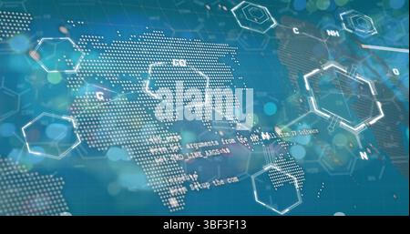 Abbildung von Diagrammen und chemischen Formeln auf Weltkarte und grünem Hintergrund Stockfoto