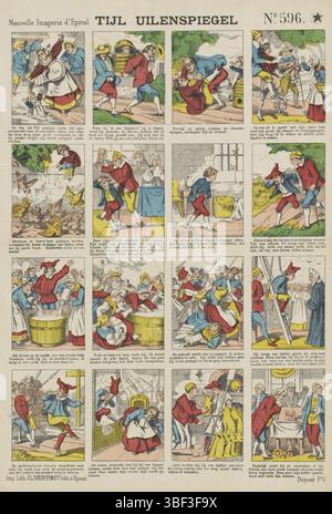 Europa, Epinal, Pinot, Olivier, Nouvelle imagerie d'Epinal, Tijl Uilenspiegel, Europa, gedruckt, Blatt mit 16 Aufführungen über das Leben von Tijl Uilenspiegel. Unter jeder Aufführung eine Bildunterschrift in Niederländisch. Nummeriert oben rechts: Nr. 596., Druck, Folk Prints, Prints, rückseitig - gestempelt, Höhe 400 mm, Breite 273 mm, Publikation (Ereignis), Publikation, Französisch, Verlag, 1874 - 1888, Papier, Lithografie (Technik), Farben, Buchdruck, Buchdruck, Druckmaschine, Druckmaschine Stockfoto