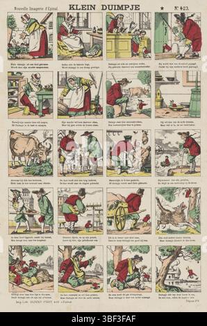 Europa, Epinal, Pinot, Olivier, Nouvelle imagerie d'Epinal, klein Duimpje, Europa, gedruckt, Blatt mit 16 Aufführungen aus der Geschichte von Klein Duimpje. Unter jeder Aufführung eine Bildunterschrift in Niederländisch. Nummeriert oben rechts: Nr. 423., Druck, Folk Print, Prints, Folk Prints, Folk Prints, rückseitig - gestempelt, Höhe 406 mm, Breite 281 mm, Publikation (Ereignis), Publikation, Französisch, Verlag, 1874 - 1888, Papier, Lithografie (technisch), Farben, Buchdruck, Bookprint, PrintMaker, Printmaker Stockfoto
