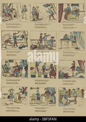 Europa, Turnhout, Beersmaens, Franciscus Antonius, Kinderbezigen, Europa, verso - gestempelt, Blatt mit 12 Aufführungen von Kinderaktivitäten, einschließlich Spielen, Lesen und Gartenarbeiten. Unter jedem Auftritt eine zweizeilige Strophe in Niederländisch und Französisch. Nummeriert Mitte oben: 7., Druck, Folk Print, Prints, Folk Prints, Folk Prints, Höhe 413 mm, Breite 298 mm, Publikation (Ereignis), Publikation, 1840-06-14 - 1897-01-25, Verlag, 1866 - 1902, Papier, Holzschnitt, Farben, Buchdruck, Bookprint, PrintMaker, Printmaker Stockfoto