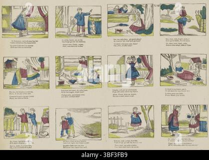 Europa, Turnhout, Beersmaens, Franciscus Antonius, Kinderbezigen, Europa, verso - gestempelt, Blatt mit 12 Aufführungen von Aktivitäten für Kinder, einschließlich Spielen mit Tieren, Spielen mit anderen Kindern und Lernen. Unter jedem Auftritt eine zweizeilige Strophe in Niederländisch und Französisch. Nummeriert Mitte oben: N 10., Druck, Folk Prints, Drucke, Höhe 325 mm, Breite 428 mm, Publikation (Ereignis), Publikation, 1840-06-14 - 1897-01-25, Verlag, 1866 - 1902, Papier, Holzschnitt, Farben, Buchdruck, Bookprint, Printmaker, Printmaker Stockfoto