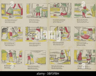 Europa, Turnhout, Beersmaens, Franciscus Antonius, Kinderbezigen, Europa, verso - gestempelt, Blatt mit 12 Aufführungen von Aktivitäten für Kinder, einschließlich Spielen mit Tieren, Spielen mit anderen Kindern und Lernen. Unter jedem Auftritt eine zweizeilige Strophe in Niederländisch und Französisch. Nummeriert Mitte oben: 10., Druck, Folk Prints, Drucke, Höhe 334 mm, Breite 435 mm, Publikation (Ereignis), Publikation, 1840-06-14 - 1897-01-25, Verlag, 1866 - 1902, Papier, Holzschnitt, Farben, Buchdruck, Bookprint, Printmaker, Printmaker Stockfoto