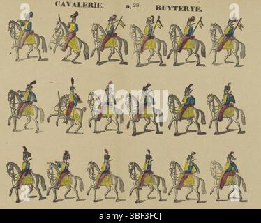Europa, Turnhout, Beersmaens, Franciscus Antonius, Kavallerie, Ruyterye, Europa, verso - gestempelt, Blatt mit drei horizontalen Reihen mit insgesamt 18 Aufführungen von Soldaten zu Pferd. Nummeriert Mitte oben: n. 39., Druck, Folk Print, Drucke, Folk Prints, Folk Prints, Höhe 294 mm, Breite 431 mm, Publikation (Ereignis), Publikation, 1840-06-14 - 1897-01-25, Verlag, 1866 - 1902, Papier, Holzschnitt, Farben, Buchdruck, Buchdruck, Drucker, Drucker Stockfoto