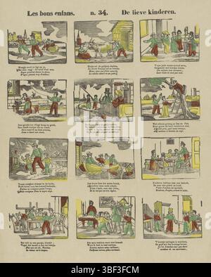 Europa, Turnhout, Beersmaens, Franciscus Antonius, Les Bons Enfans, liebe Kinder, Europa, verso - gestempelt, Blatt mit 12 Darbietungen von Kinderspielen und -Aktivitäten, wie Ziegenspiel, Angeln und Gebäck und Kekse essen. Nummeriert Mitte oben: n 34., Druck, volkstümliche Drucke, Drucke, Höhe 432 mm, Breite 322 mm, Publikation (Ereignis), Publikation, 1840-06-14 - 1897-01-25, Verlag, 1866 - 1902, Papier, Holzschnitt, Farben, Buchdruck, Bookprint, Printmaker, Printmaker Stockfoto