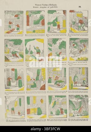 Europa, Turnhout, Beersmaens, Franciscus Antonius, Vices et Vertus d'Enfants, Child Tugenden and Makes, Europe, verso - gestempelt, Blatt mit 16 moralisierenden Darbietungen über tapfere und freche Kinder. Unter jedem Bild eine Beschriftung in Niederländisch. Nummeriert oben rechts: 32., Druck, Folk Print, Prints, Folk Prints, Folk Prints, Höhe 425 mm, Breite 305 mm, Publikation (Ereignis), Publikation, 1840-06-14 - 1897-01-25, Verlag, 1866 - 1902, Papier, Holzschnitt, Farben, Buchdruck, Bookprint, PrintMaker, Printmaker Stockfoto