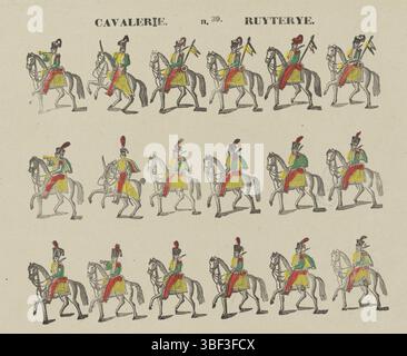 Europa, Turnhout, Beersmaens, Franciscus Antonius, Kavallerie, Ruyterye, Europa, verso - gestempelt, Blatt mit drei horizontalen Reihen mit insgesamt 18 Aufführungen von Soldaten zu Pferd. Nummeriert Mitte oben: n. 39., Druck, Folk Prints, EDW. Iper, Oever 27, Antwerpen, Höhe 320 mm, Breite 429 mm, Publikation (Veranstaltung), Publikation, 14.06.1840 - 25.01.1897, Verlag, 1866 - 1902, Papier, Holzschnitt, Farben, Buchdruck, Buchdruck, Drucker, Drucker Stockfoto