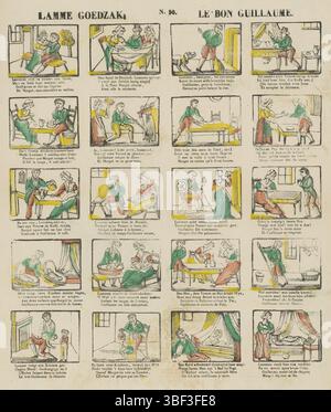 Europa, Turnhout, Beersmaens, Franciscus Antonius, Lamme Goedzak, Le bon Guillaume, Europa, verso - gestempelt, Blatt mit 20 Aufführungen über das Leben und die Aktivitäten von Lamme Goedzak und seinem Griet. Unter jedem Auftritt eine zweizeilige Strophe in Niederländisch und Französisch. Nummerierte Mitte oben: N. 50., Druck, Folk Prints, Drucke, Höhe 406 mm, Breite 323 mm, Publikation (Ereignis), Publikation, 1840-06-14 - 1897-01-25, Verlag, 1866 - 1902, Papier, Holzschnitt, Farben, Buchdruck, Bookprint, Printmaker, Printmaker Stockfoto