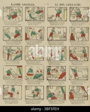 Europa, Turnhout, Beersmaens, Franciscus Antonius, Lamme Goedzak, Le bon Guillaume, Europa, verso - gestempelt, Blatt mit 20 Aufführungen über das Leben und die Aktivitäten von Lamme Goedzak und seinem Griet. Unter jedem Auftritt eine zweizeilige Strophe in Niederländisch und Französisch. Nummerierte Mitte oben: N. 50., Druck, Folk Prints, Drucke, Höhe 424 mm, Breite 318 mm, Publikation (Ereignis), Publikation, 1840-06-14 - 1897-01-25, Verlag, 1866 - 1902, Papier, Holzschnitt, Farben, Buchdruck, Bookprint, Printmaker, Printmaker Stockfoto