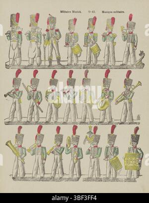 Europa, Turnhout, Beersmaens, Franciscus Antonius, Militärmusik, Musique Militär, Europa, verso - gestempelt, Blatt mit drei horizontalen Reihen mit je 7 Aufführungen von Militärmusikern. Nummeriert oben: Nr. 63., Druck, Folk-Drucke, Drucke, Höhe 427 mm, Breite 329 mm, Publikation (Ereignis), Publikation, 1840-06-14 - 1897-01-25, Verlag, 1866 - 1902, Papier, Holzschnitt, Farben, Buchdruck, Bookprint, Printmaker, Printmaker Stockfoto