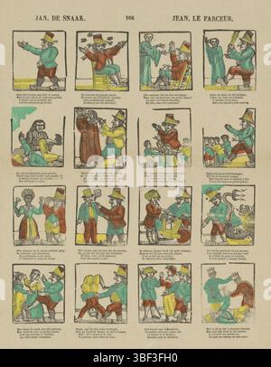 Europa, Turnhout, Beersmaens, Franciscus Antonius, Jan, de Snak, Jen, le Farceur, Europa, verso - gestempelt, Blatt mit 16 Aufführungen der Farces von Jan Klaas. Unter jedem Bild eine zweizeilige Strophe auf Niederländisch und Französisch. Nummeriert Mitte oben: 106., Druck, Folk Prints, Drucke, Höhe 438 mm, Breite 335 mm, Publikation (Ereignis), Publikation, 1840-06-14 - 1897-01-25, Verlag, 1866 - 1902, Papier, Holzschnitt, Farben, Buchdruck, Bookprint, Printmaker, Printmaker Stockfoto