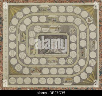 Wibmer, J.B.D., Wibmer, Amsterdam, Moolenyzer, Hendrik, historisches Spiel von Waterloo, Recto - gestempelt, Brettspiel mit Spirale mit Boxen von 1 bis 73 nummeriert. Mehrere Darstellungen historischer Ereignisse von der Reise nach Russland bis zur Schlacht bei Waterloo. Zur zivilgesellschaftlichen Darstellung der Ehe von Willem II. Und Anna Paulowna Romanowa. Titel links vom Brettspiel., Druck, Folk Print, Gameboard, Spielbrett, Drucke, Volksdrucke, Höhe 417 mm, Breite 475 mm, Publikation (Veranstaltung), Publikation, Niederländisch, Verlag, 1816 - 1817, Papier, Pappe, Marmorpapier, Aquatint, Farben, Designer, Verfasser, Stockfoto