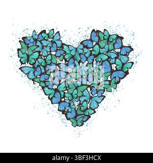 Herz mit zarten blauen, grünen und türkisfarbenen Schmetterlingen und Spritzern Stockfoto