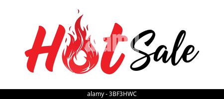 Heißer Verkaufs-Bannertext mit Flammensymbol – Rot und Schwarz Werbe-Typografie-Design Stock Vektor