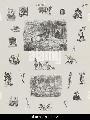 Amsterdam, de Ruyter & Meijer, Meijer's Prints, Allerle, Amsterdam, verso - gestempelt, Blatt mit 23 Bildern verschiedener Tiere, Objekte und Figuren. Nummeriert oben rechts: Nr. 11., Druck, Folk Prints, Drucke, Höhe 426 mm, Breite 340 mm, Publikation (Event), Publikation, Niederländisch, Verlag, 1873 - 1873, Papier, Lithografie (Technik), Buchdruck, Buchdruck, Drucker, Drucker Stockfoto