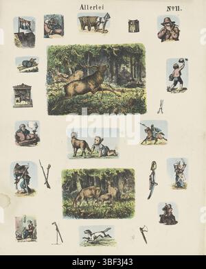 Amsterdam, de Ruyter & Meijer, Meijer's Prints, Allerle, Amsterdam, verso - gestempelt, Blatt mit 23 Bildern verschiedener Tiere, Objekte und Figuren. Nummeriert oben rechts: Nr. 11., Druck, Folk Print, Prints, Folk Prints, Folk Prints, Höhe 423 mm, Breite 340 mm, Publikation (Ereignis), Publikation, Niederländisch, Verlag, 1873 - 1873, Papier, Farblithografie (Prozess), Hochdruck, Buchdruck, Druckerei, Druckerei Stockfoto