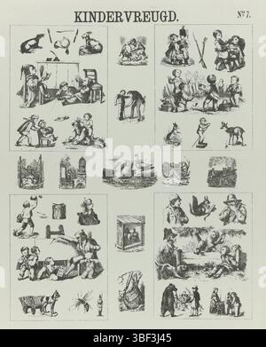 Amsterdam, de Ruyter & Meijer, Meijer's Prints, Child Joy, Amsterdam, verso - gestempelt, Blatt mit 37 Darbietungen von Kinderspielen und -Aktivitäten, Objekten und Tieren. Nummeriert oben rechts: Nr. 7, Druck, Folk Print, Prints, Folk Prints, Folk Prints, Höhe 425 mm, Breite 346 mm, Publikation (Ereignis), Publikation, Niederländisch, Verlag, 1873 - 1873, Papier, Lithografie (Technik), Buchdruck, Bookprint, Print Maker, Print Maker Stockfoto