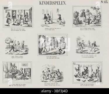 Amsterdam, de Ruyter & Meijer, Meijer's Prints, Kinderspiele, Amsterdam, Verso - gestempelt, Blatt mit 9 Kinderspielvorführungen, einschließlich Ladenspielen, Pferdeschlagen, Blumenpflücken, Bälle, Kegel, Creolen fangen, mit der Puppe spielen, Rundtanz und Soldat. Unter jedem Bild eine zweizeilige Strophe. Nummeriert oben rechts: Nr. 13., Druck, Volksdrucke, Drucke, Höhe 341 mm, Breite 429 mm, Publikation (Event), Publikation, Niederländisch, Verlag, 1873 - 1873, Papier, Lithografie (Technik), Buchdruck, Buchdruck, Drucker, Drucker Stockfoto