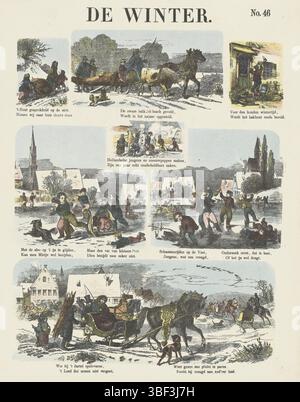 Amsterdam, de Ruyter & Meijer, Meijer's Prints, de Winter, Amsterdam, verso - gestempelt, Blatt mit 7 Winterszenen. Unter jedem Bild ein Vers. Nummeriert oben rechts: Nr. 46., Druck, Folk Prints, Drucke, Höhe 425 mm, Breite 341 mm, Publikation (Event), Publikation, Niederländisch, Verlag, 1874 - 1874, Papier, Farblithographie (Verfahren), Buchdruck, Printmaker, Printmaker Stockfoto
