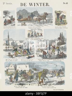 Amsterdam, de Ruyter & Meijer, Meijer's Prints, de Winter, Amsterdam, verso - gestempelt, Blatt mit 7 Winterszenen. Unter jedem Bild ein Vers. Nummeriert oben rechts: Nr. 46., Druck, Folk Prints, Drucke, Höhe 421 mm, Breite 338 mm, Publikation (Event), Publikation, Niederländisch, Verlag, 1874 - 1874, Papier, Farblithographie (Verfahren), Buchdruck, Printmaker, Printmaker Stockfoto