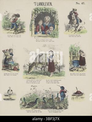 Amsterdam, de Ruyter & Meijer, Meijer's Prints, .T landleven, Amsterdam, verso - gestempelt, Blatt mit 9 ländlichen Szenen mit Kindern und Tieren. Unter jedem Bild ein Vers. Nummeriert oben rechts: Nr. 47., Druck, Folk Prints, Drucke, Höhe 420 mm, Breite 342 mm, Publikation (Event), Publikation, Niederländisch, Verlag, 1874 - 1874, Papier, Lithografie (Technologie), Farben, Buchdruck, Bookprint, Printmaker, Printmaker Stockfoto
