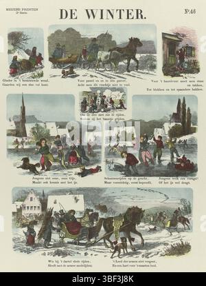 Amsterdam, de Ruyter & Meijer, Meijer's Prints, de Winter, Amsterdam, verso - gestempelt, Blatt mit 7 Winterszenen. Unter jedem Bild ein Vers. Nummeriert oben rechts: Nr. 46., Druck, Folk Prints, Drucke, Höhe 430 mm, Breite 345 mm, Publikation (Event), Publikation, Niederländisch, Verlag, 1874 - 1874, Papier, Farblithographie (Verfahren), Buchdruck, Printmaker, Printmaker Stockfoto