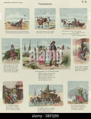 Amsterdam, de Ruyter & Meijer, Meijer's Prints, Visschersleven, Amsterdam, verso - gestempelt, Blatt mit 9 zeigt das Leben eines Fischers und seiner Familie. Unter jedem Bild eine Beschriftung. Nummeriert oben rechts: Nr. 33., Druck, Folk Print, Prints, Folk Prints, Folk Prints, Höhe 430 mm, Breite 341 mm, Publikation (Ereignis), Publikation, Niederländisch, Verlag, 1874 - 1874, Papier, Farblithografie (Prozess), Hochdruck, Buchdruck, Druckerei, Druckerei Stockfoto