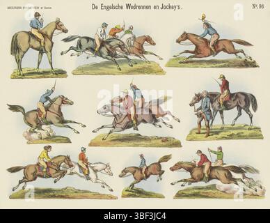 Amsterdam, de Ruyter & Meijer, Meijer's Prints, de Engelsche racen en Jockeys, Amsterdam, verso - gestempelt, Blatt mit 9 Aufführungen von Jockeys zu Pferd. Nummeriert oben rechts: Nr. 96., Druck, Folk Prints, Drucke, Höhe 340 mm, Breite 426 mm, Publikation (Event), Publikation, Niederländisch, Verlag, 1881 - 1881, Papier, Farblithographie (Verfahren), Buchdruck, Printmaker, Printmaker Stockfoto