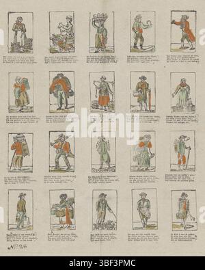 Niederlande, Niederlande, Straatsellers, verso - gestempelt, Blatt mit 20 Aufführungen von Straßenhändlern. Unter jedem Bild eine vierzeilige Strophe. Nummeriert unten links: Nr. 26., Druck, Folk Print, Prints, Folk Prints, Folk Prints, Höhe 410 mm, Breite 340 mm, Printmaker, 1700 - 1899, Papier, Holzschnitt, Buchdruck, Buchdruck, Farbe, Publikation (Event), Publikation, Herausgeber Stockfoto