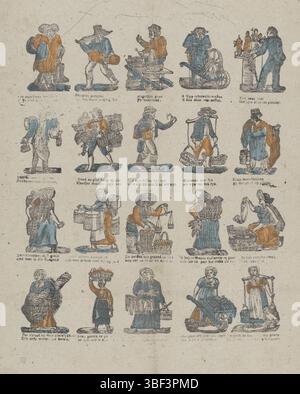 Niederlande, Niederlande, Straatsellers, verso - gestempelt, Blatt mit 20 Aufführungen von Straßenhändlern. Unter jedem Bild ein zweizeiliger Vers im Buchdruck. Druck, Folk-Druck, Drucke, Folk-Drucke, Folk-Drucke, Höhe 420 mm, Breite 335 mm, Printmaker, 1700 - 1899, Papier, Holzschnitt, Buchdruck, Buchdruck, Farben, Publikation (Ereignis), Publikation, Herausgeber Stockfoto