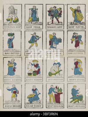 Nederland, 's-Hertogenbosch, Lutkie & Cranenburg, Straatsellers, Niederlande, s Hertogenbosch, verso - gestempelt, Blatt mit 16 Aufführungen von Straßenhändlern. Unter jedem Bild eine Beschriftung. Nummeriert oben rechts: 15., Druck, volkstümliche Drucke, Höhe 410 mm, Breite 325 mm, Publikation (Event), Publikation, Niederländisch, Verlag, 1848 - 1881, Papier, Holzschnitt, Farben, Drucker, Drucker Stockfoto