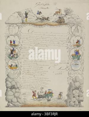 Niederlande, Niederlande, unbekannt, Wenletter met achttaferelen en speelende kinderen, Niederlande, Recto - handgeschrieben in brauner Tinte, Wenletter met overschrijf met geschrijf cartouche binnen een dekoratives Gestell met voorstellingen van Jägers onder de jaar, een visser en speelende kinderen. Handgeschriebene Botschaft in Kalligraphie von D. Lentz an seine Tante. Nummeriert unten rechts: Nr. 18., Druck, Folk Print, Grußbrief, Drucke, Volksdrucke, rückseitig gestempelt, geliebte Tante, da wir jetzt das neue Jahr ... sind, Höhe 427 mm, Breite 339 mm, Druckerei, 1848 - 1848, Papier, Tinte, Lithografie ( Stockfoto