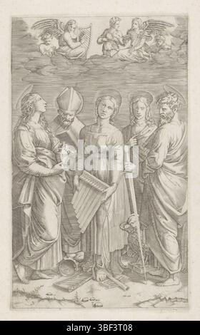 Italien, Raffael, Italien, Raimondi, Marcantonio, dente, Marco, die heilige Cecilia mit vier anderen Heiligen, verso gelassen unter - gestempelt, die heilige Cecilia steht mit einer tragbaren Orgel in den Händen. Zu ihren Füßen stehen ein Musikbuch, ein Blasinstrument, eine Harfe und ein Tamburin. Cecilia wird von den Heiligen Paulus und Johannes dem Evangelisten auf der einen Seite und Augustinus und Maria Magdalena auf der anderen Seite flankiert. Maria Magdalena blickt auf, wo fünf Engel im Himmel erscheinen, die auf Harfe, Dreieck und Lira da braccio spielen., Druck, Höhe 265 mm, Breite 161 mm, Italienisch, 1486 - 1527, Druckerei, 1596 - 1527, 1. Quartal 16. Jahrhundert, se Stockfoto
