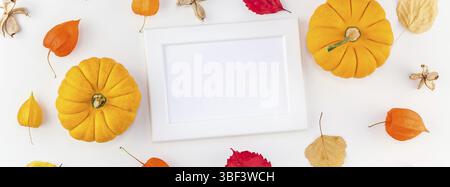 Kreative, oben flach Herbst Komposition. Kürbisse getrocknete orangen Blüten Blätter Hintergrund Kopie Raum. Template Rahmen mockup Herbsternte thanksgi Stockfoto