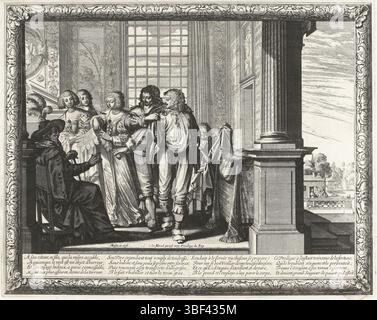 Louis XIII. (König von Frankreich), Paris, Leblond, Jean (I), Bosse, Abraham, Parabel des verlorenen Sohnes, La Parabolice du Fils produgue, L’Istoire de L’Enfant Prodigue, verlorener Sohn, von seinem Vater gekleidet, rückseitig gestempelt, in einem reich gepolsterten Innenraum im Vordergrund steht ein alter Mann, der Vater des verlorenen Sohnes, mit Hut mit Federn auf dem Kopf, auf einem Stuhl. Für ihn zeigen ihm zwei Frauen einen breiten, flachen Kragen. Der Sohn steht in Hemd und Hose und wird von einem Diener in einem Gambesoon unterstützt. Ein junger Diener hält seinen Mantel. Auf einem Tisch steht seine Baskenmütze mit Federn, Druck, Höhe 262 mm, Breite 329 mm, Fren Stockfoto