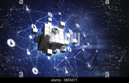 Konzeptionelle Hintergrundbild mit Cube Figur und sozialen Anschlussleitungen. 3D-Rendering Stockfoto