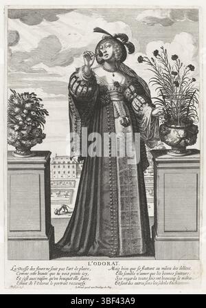 Ludwig XIII. (König von Frankreich), Leblond, Jean (I), Bosse, Abraham, die fünf Sinne, Les cinq SENS, L'Odorat, Reuk, verso, gestempelt, elegant gekleidete Frau, die eine Blume riecht, steht zwischen zwei Sockeln, auf denen Blumenvasen stehen. drucken, drucken, drucken, Drucken, Höhe 303 mm, Breite 211 mm, Französisch, 1602 - 1676-02-14, Drucker, 1632 - 1632, Papier, Ätzen, Gravieren, Gravieren (Druckverfahren), Arbeitskonzeption, nach eigenem Entwurf, Publikation (Event), Publikation, 1594 - 1666, Verlag, 27. September 1601 - 14. Mai 1643, Privilegien Stockfoto