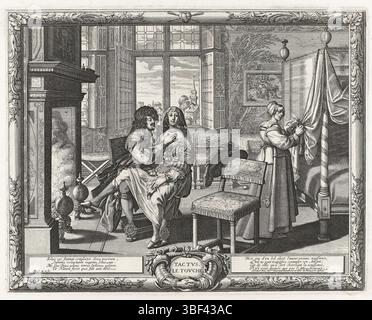 Paris, Tavernier, Melchior, Bosse, Abraham, die fünf Sinne, Les cinq Sense, Le Touché, Tactus, Tast, Paris, verso - gestempelt, in einem Abgang aus dem 17. Jahrhundert sitzt eine junge Frau auf dem Schoß eines jungen Mannes, vor einem Kamin. Der Mann streichelt ihren Busen. Eines der Beine der Frau zeigt einen absteigenden Strumpf. Der weit eingefasste Hut mit Federn hängt an einem Stuhl. Direkt im Zimmer ein Himmelbett, für das ein Diener war. An der Wand, bedeckt mit einem gobelin, hängt ein Gemälde mit Venus und Amulett. Durch ein offenes Fenster ist ein Gesicht auf einem Kirchturm sichtbar., Druck, Höhe 263 mm, Breite 334 mm, Frenc Stockfoto