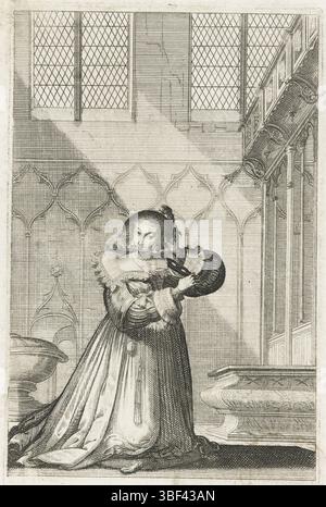 Louis XIII. (König von Frankreich), Saint-Igny, Jean de, Bosse, Abraham, Kostüme des französischen Adels in der Kirche, La Noblesse Francoise à l'Eglise, kniende Adlige mit Maske, sitzend im Kircheninnenraum, gekleidet nach der Mode von ca. 1630, verso - gestempelt, Eine französische Adlige kniete auf einem Kissen in einer Kirche. Sie nimmt die Samtmaske ab, die ihr Gesicht vor der Sonne schützen musste. Sie trägt einen breiten Spitzenkragen und Bündchen an den Ärmeln, Kostümdrucke, Drucke, Höhe 154 mm, Breite 94 mm, Französisch, 1602 - 1676-02-14, Printmaker, 1628 - 1629, Papier, Ätzen, Gravieren, Gravieren Stockfoto