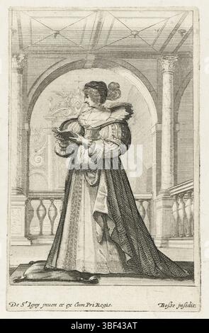 Louis XIII. (König von Frankreich), Saint-Igny, Jean de, Bosse, Abraham, Kostüme des französischen Adels in der Kirche, La Noblesse Francoise à l'Eglise, französische Adlige, in einem Missale lesen, im Kircheninnenraum, gekleidet nach der Mode von ca. 1630, verso - gestempelt, Dame, nach links in einem Kircheninnenraum zu gehen, in einem Missale lesen. Sie trägt einen Mantel mit kurzen Ballonärmeln, einschließlich Body und Rock. Sie trägt einen breiten Spitzenkragen und eine Kapuze mit Federn auf dem Kopf, Kostümdrucke, Drucke, Höhe 152 mm, Breite 95 mm, Französisch, 1602 - 1676-02-14, Printmaker, 1628 - 1629, Stockfoto