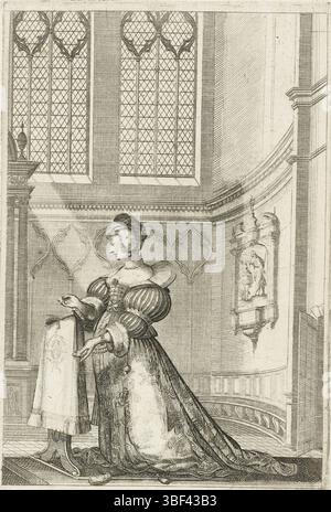 Louis XIII. (König von Frankreich), Saint-Igny, Jean de, Bosse, Abraham, Kostüme des französischen Adels in der Kirche, La Noblesse Francoise à l'Eglise, französische Adlige, im Kircheninnenraum geknien, gekleidet nach der Mode von ca. 1630, vero - gestempelt, Eine Dame kniete auf einem Kissen für einen Gebetsstuhl und liest in ihrem Missale. Ihr Mantel hängt in einem Schlepptau auf dem Boden, Kostümdrucke, Drucke, Höhe 153 mm, Breite 97 mm, Französisch, 1602 - 1676-02-14, Printmaker, 1628 - 1629, Papier, Ätzen, Gravieren, Gravieren (Druckverfahren), Werkkonzeption, 1600 - 1647-11-09, nach Entwurf, Veröffentlichung (Ereignis), Publ Stockfoto