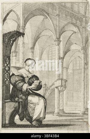 Louis XIII. (König von Frankreich), Saint-Igny, Jean de, Bosse, Abraham, Kostüme des französischen Adels in der Kirche, La Noblesse Francoise à l’Eglise, liest französische Adlige im Kircheninnenraum, gekleidet nach der Mode von ca. 1630, verso - gestempelt, sitzt Eine Dame auf einem gotischen Stuhl in einer Kirche, die in ihrem Missale liest. Sie trägt ein Drachenkostüm mit breiten, geschwollenen Ärmeln. Als Schmuck trägt sie Halskette und Ohrringe, Kostümdrucke, Drucke, Höhe 150 mm, Breite 95 mm, Französisch, 1602 - 1676-02-14, Printmaker, 1628 - 1629, Papier, Ätzen, Gravieren, Gravieren (Druckverfahren), Arbeitskonzeption, Stockfoto