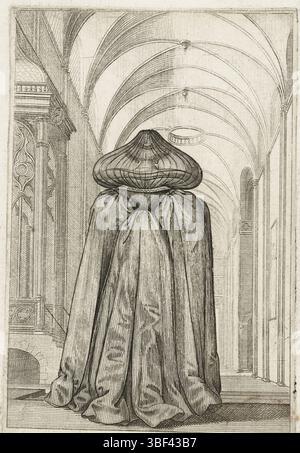 Louis XIII. (König von Frankreich), Saint-Igny, Jean de, Bosse, Abraham, Kostüme des französischen Adels in der Kirche, La Noblesse Francoise à l'Eglise, französische Adlige, in Witwenkostüm, in einem Kircheninnenraum, gekleidet nach der Mode von ca. 1630, verso - gestempelt, Eine edle Dame, in Witwenmantel gekleidet, auf der Rückseite gesehen, in der Seitenbuche einer gotischen Kirche. Der Mantel hat eine breite transparente Kappe oder Kapuze., Kostümdruck, Drucke, Höhe 151 mm, Breite 95 mm, Französisch, 1602 - 1676-02-14, Printmaker, 1628 - 1629, Papier, Ätzen, Gravieren, Gravieren (Druckverfahren), Werkkonzeption, 1600 - 16 Stockfoto