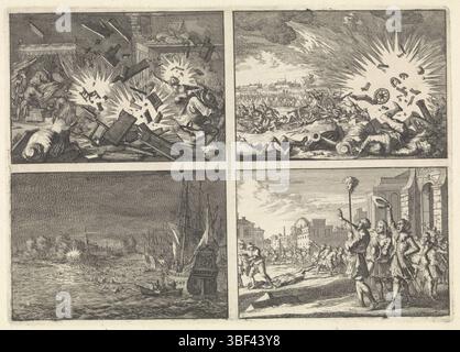 Amsterdam, Luyken, Caspar, während der Belagerung von Riga explodiert eine Bombe in einem Haus, 1656, Explosion eines französischen Schießpulverlagers während der Belagerung von Namur, 1640, Ostende erobert von den Spaniern auf den Franzosen, 1658, Kopf des getöteten Masaniello wird in Neapel auf einem Gipfel herumgetragen, 1647, Amsterdam, verso - gestempelt, ungeschnittenes Blatt mit vier Drucken., Höhe 220 mm, Breite 311 mm, Noord-Nederlands, 18.12.1672, 1708.10.04, Druckerei, 1698.1698, Papier, Ätzen, Ätzen Stockfoto