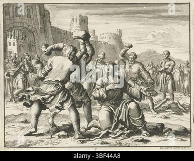 Amsterdam, Oossaan, Aart Dircksz., Amsterdam, Wybrants, Sander, Swart, Witwe Steven, Blom, Joannes, Bergh, Herman van den, Deyster, Jacobus van der, Luyken, Jan, Recto - Handschrift in Bleistift, Druck, Buchillustration, Drucke, Steniging van Stefanus, verso - gestanzt, 3, Höhe 120 mm, Breite 150 mm, Noord-Nederlands, 16. April 1649 - 05.04.1712, Druckerei, 1685 - 1685, Papier, Ätzen, etsen, Werkkonzeption, 05.04.1649, nach eigenem Entwurf, Publikation, Verlag, Publikation (Event), Event Stockfoto