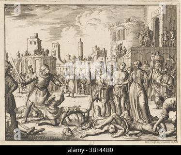 Amsterdam, Oossaan, Aart Dircksz., Amsterdam, Wybrants, Sander, Swart, Witwe Steven, Blom, Joannes, Bergh, Herman van den, Deyster, Jacobus van der, Luyken, Jan, Recto - Handschrift in Bleistift, Druck, Buchillustration, Drucke, Felicitas mit ihren sieben Söhnen enthauptet, rückwärts - gestempelt, 23, Höhe 117 mm, Breite 147 mm, Noord-Nederlands, 16. 04. 1649 - 05. 04. 1712, Druckerei, 1685 - 1685, Papier, Ätzen, Werkkonzeption, 05.04.1649, je nach Entwurf, Veröffentlichung, Publikation usw. Stockfoto